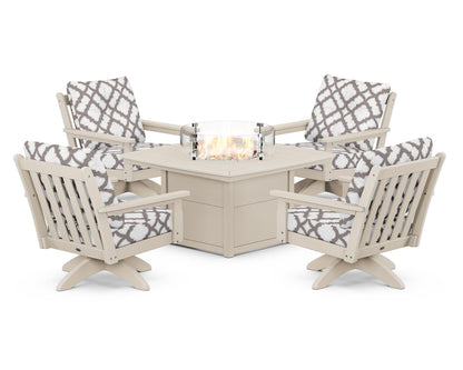 POLYWOOD® Vineyard 5-Piece Deep Seating Swivel Conversation Set with Fire Pit Table in Sand / Trellis Grey Mist