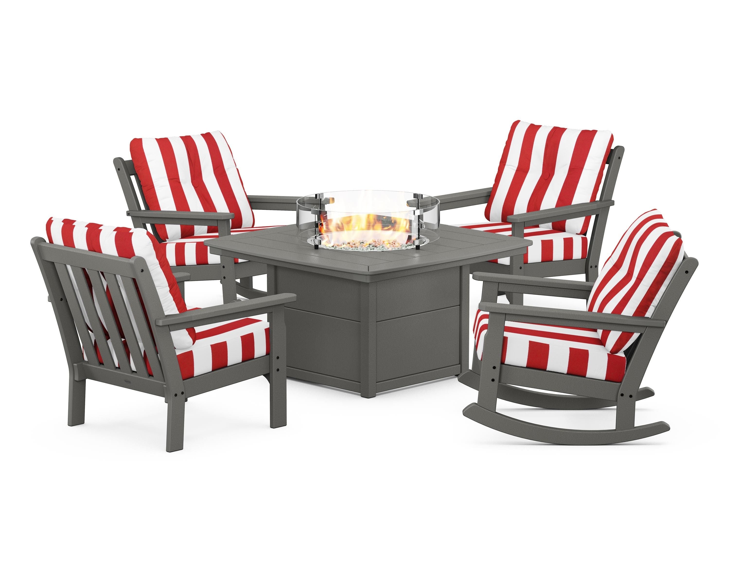 POLYWOOD® Vineyard 5-Piece Deep Seating Rocking Chair Conversation Set with Fire Pit Table in Slate Grey / Cabana Stripe Crimson