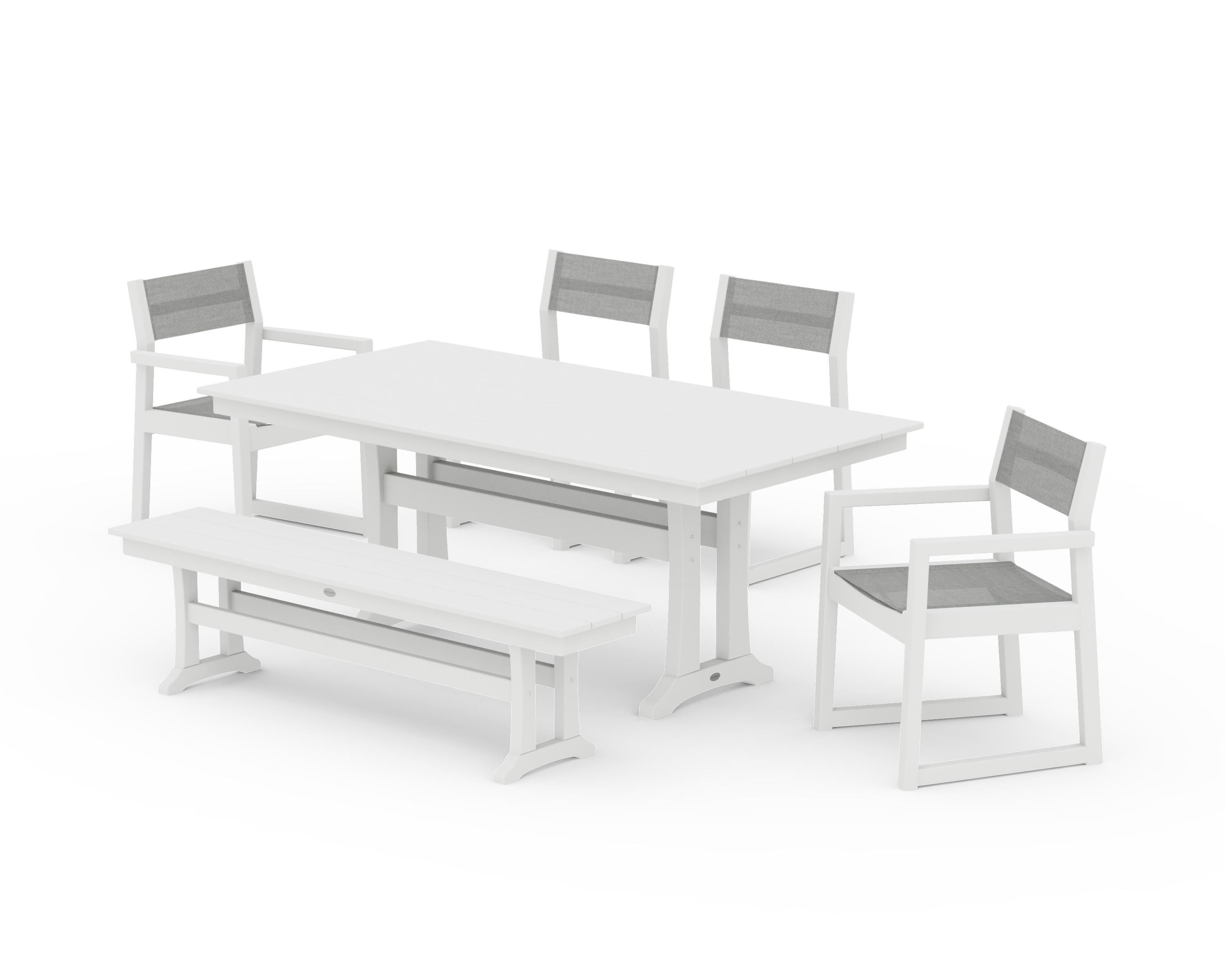 POLYWOOD® EDGE Sling 6-Piece Farmhouse Dining Set With Trestle Legs in White / Metallic Sling