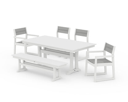 POLYWOOD® EDGE Sling 6-Piece Farmhouse Dining Set With Trestle Legs in White / Metallic Sling