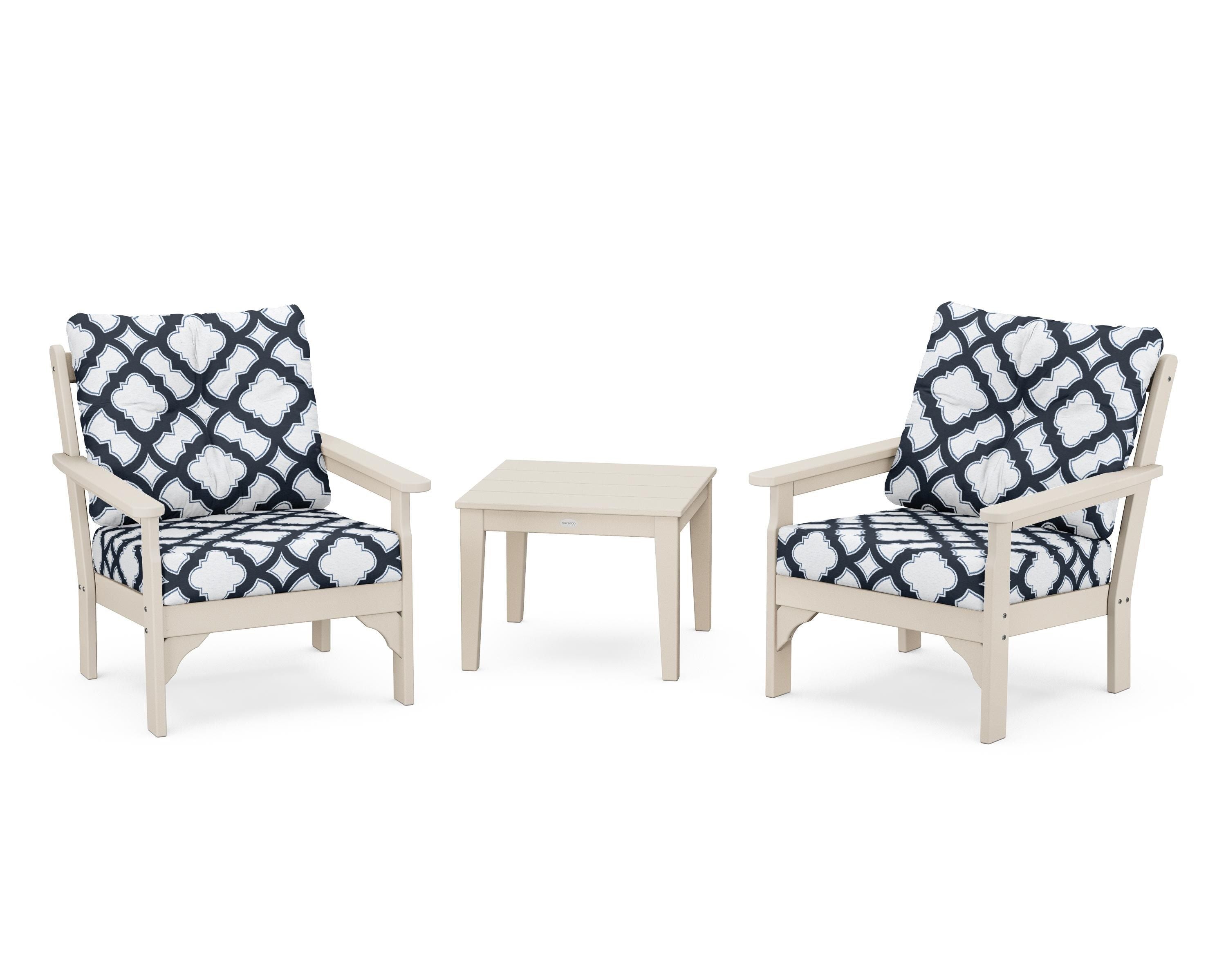 POLYWOOD® Vineyard 3-Piece Deep Seating Set in Sand / Trellis Marine Indigo