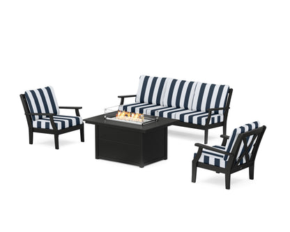 POLYWOOD® Braxton Deep Seating Fire Pit Table Set in Black / Cabana Stripe Marine Indigo