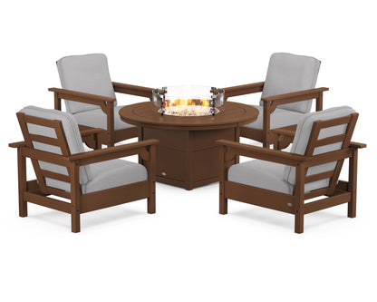 POLYWOOD® Club 5-Piece Conversation Set with Fire Pit Table in Teak / Granite