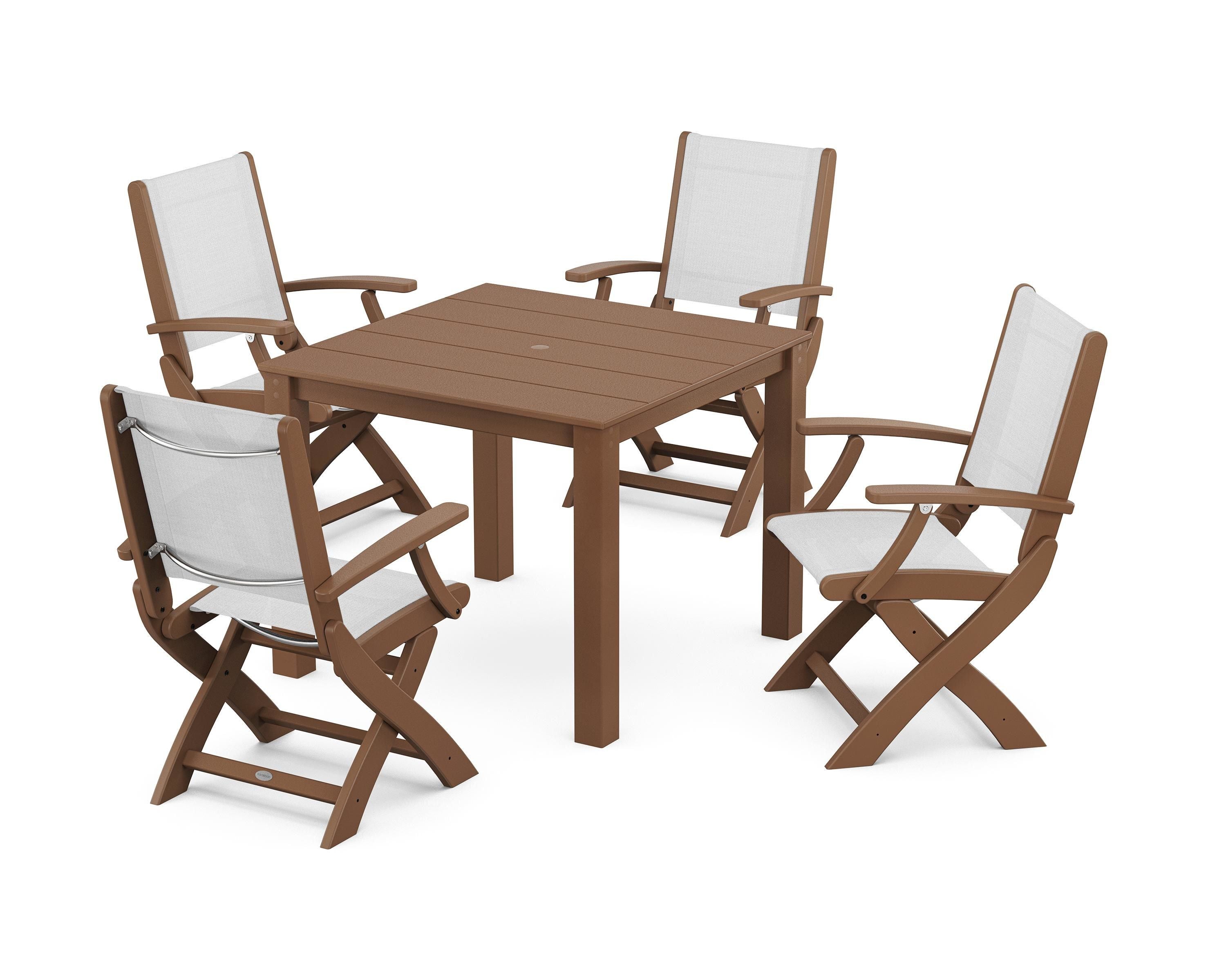 POLYWOOD® Coastal Folding Chair 5-Piece Parsons Dining Set in Teak / White Sling