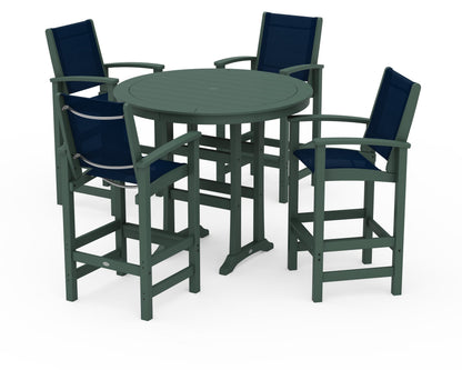 POLYWOOD® Coastal 5-Piece Nautical Trestle Bar Set in Green / Navy Blue Sling