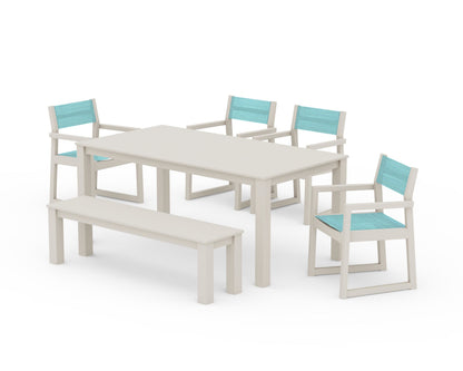 POLYWOOD® EDGE Sling Arm Chair 6-Piece Parsons Dining Set with Bench in Sand / Dupioni Aquamarine Sling