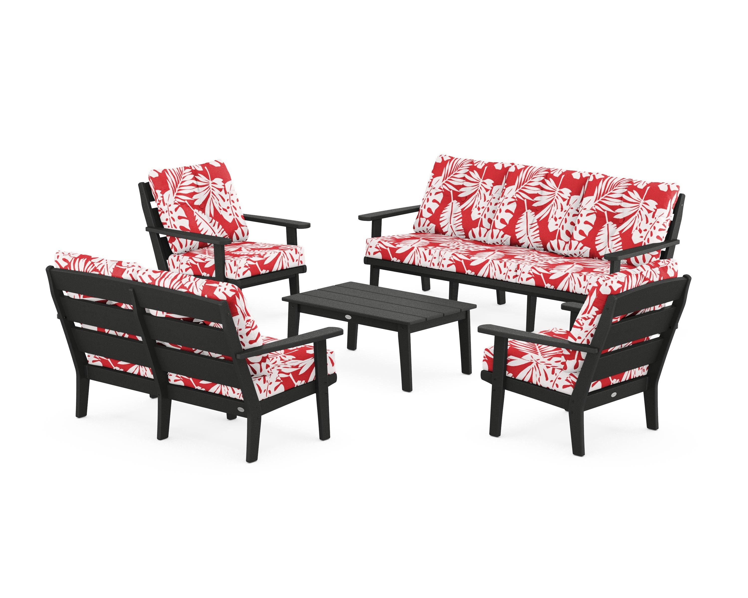 POLYWOOD® Lakeside 5-Piece Lounge Sofa Set in Black / Leaf Crimson