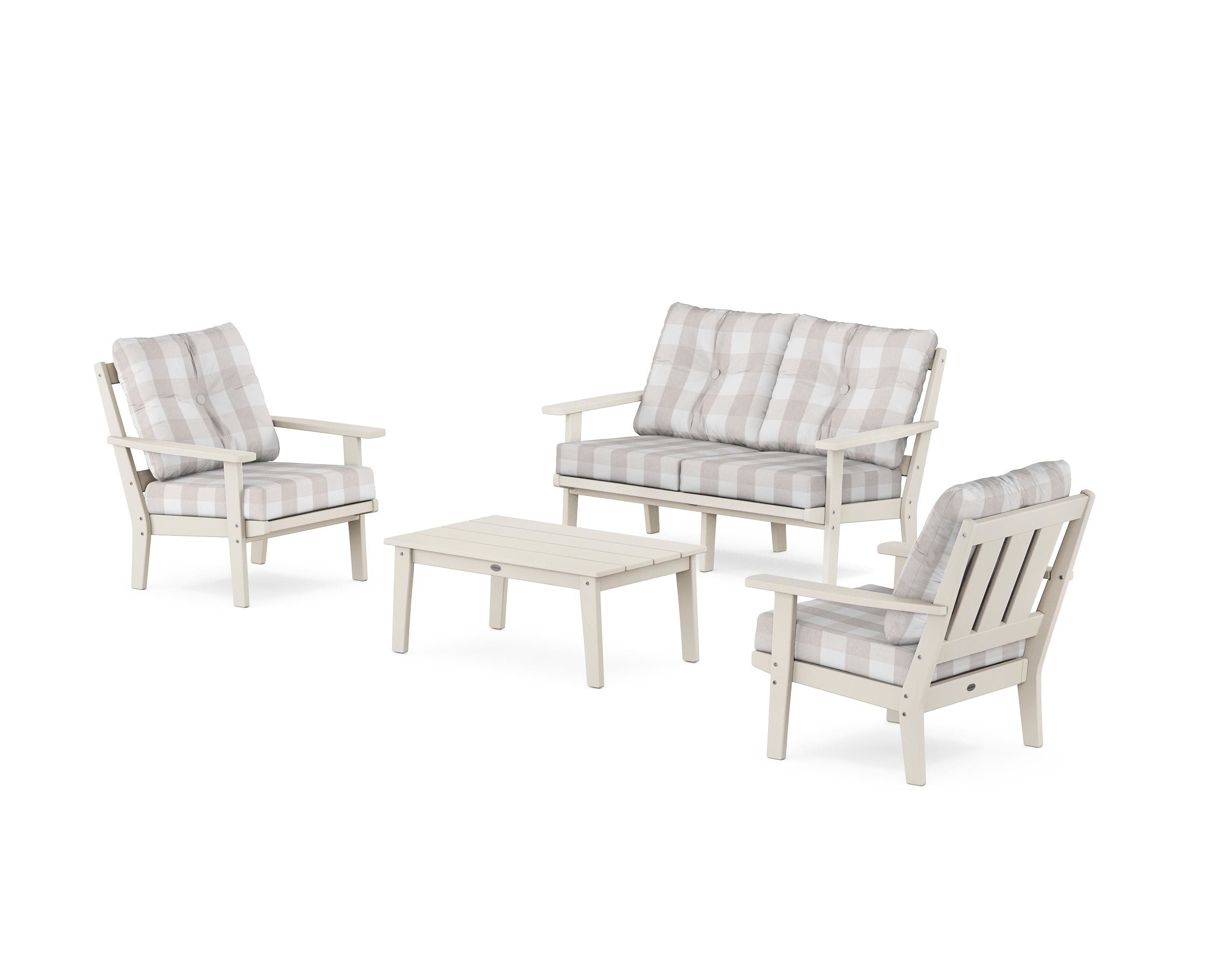 POLYWOOD® Oxford 4-Piece Deep Seating Set with Loveseat in Sand / Buffalo Plaid Dune Burlap