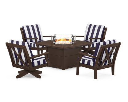 POLYWOOD® Braxton 5-Piece Deep Seating Set with Fire Table in Mahogany / Cabana Stripe Navy