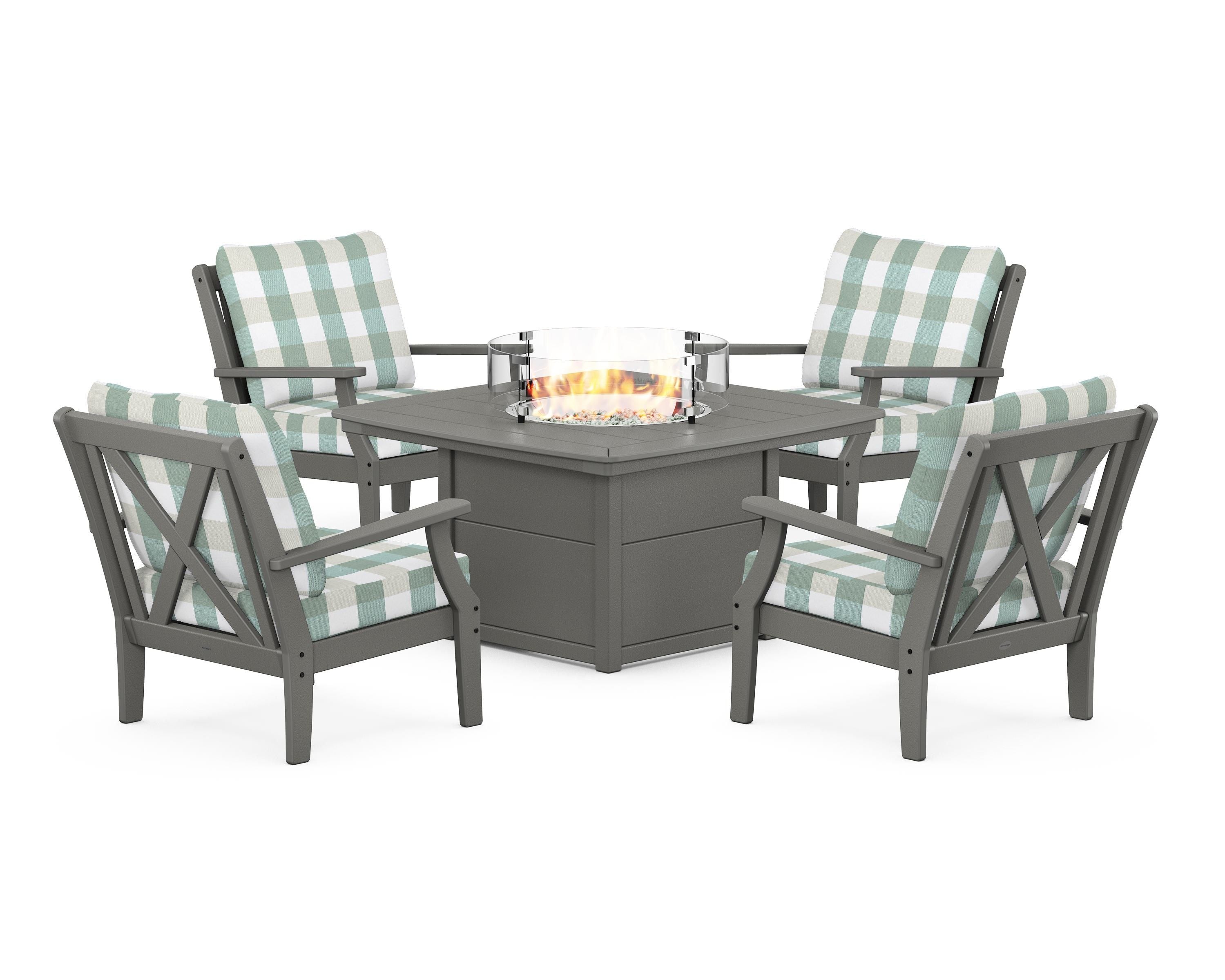 POLYWOOD® Braxton 5-Piece Deep Seating Conversation Set with Fire Pit Table in Slate Grey / Buffalo Plaid Glacier Spa