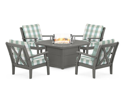 POLYWOOD® Braxton 5-Piece Deep Seating Conversation Set with Fire Pit Table in Slate Grey / Buffalo Plaid Glacier Spa