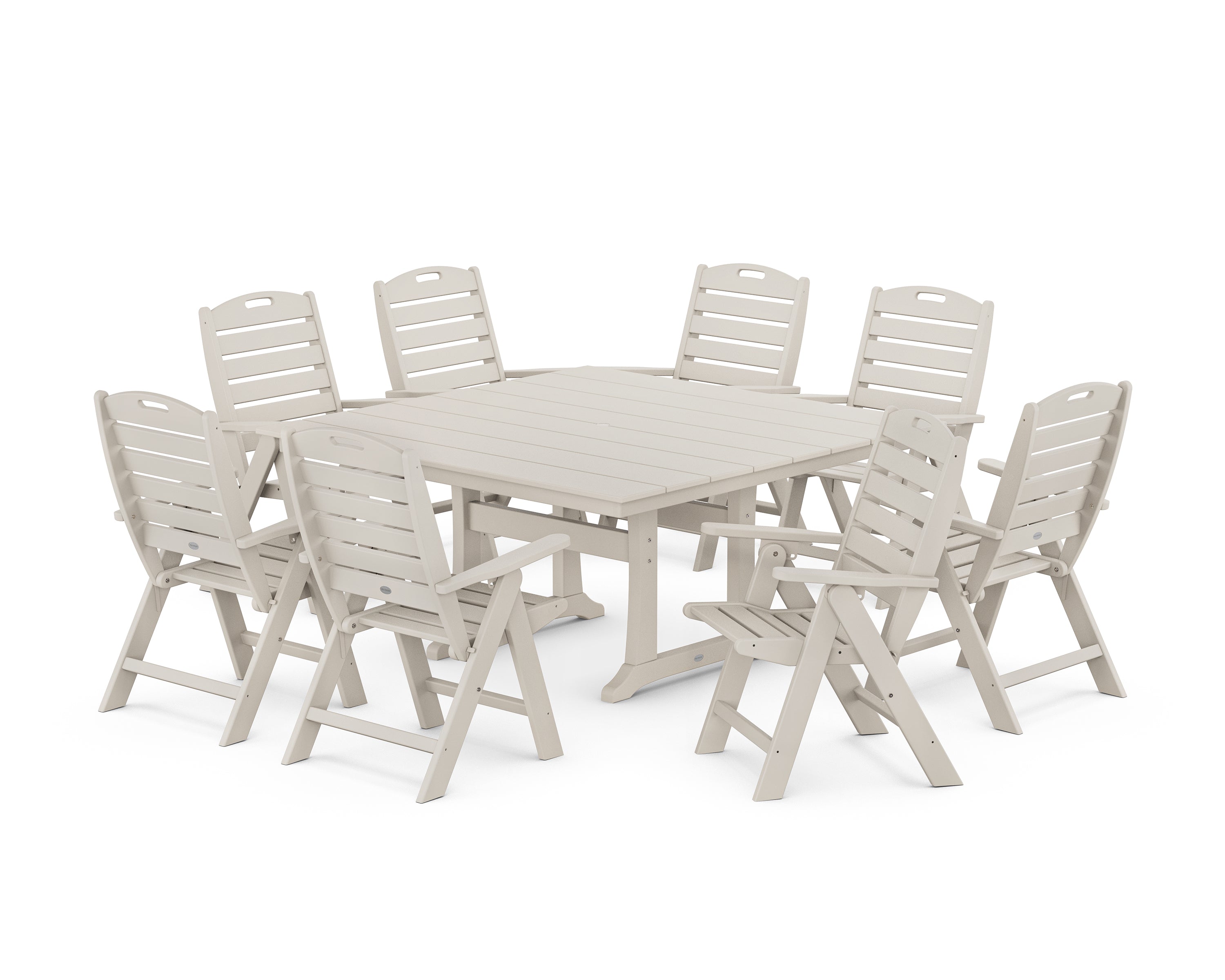 POLYWOOD® Nautical Highback 9-Piece Square Farmhouse Dining Set with Trestle Legs in Sand