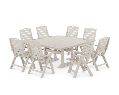 POLYWOOD® Nautical Highback 9-Piece Square Farmhouse Dining Set with Trestle Legs in Sand