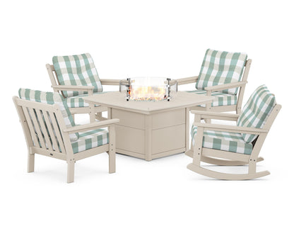 POLYWOOD® Vineyard 5-Piece Deep Seating Rocking Chair Conversation Set with Fire Pit Table in Sand / Buffalo Plaid Glacier Spa