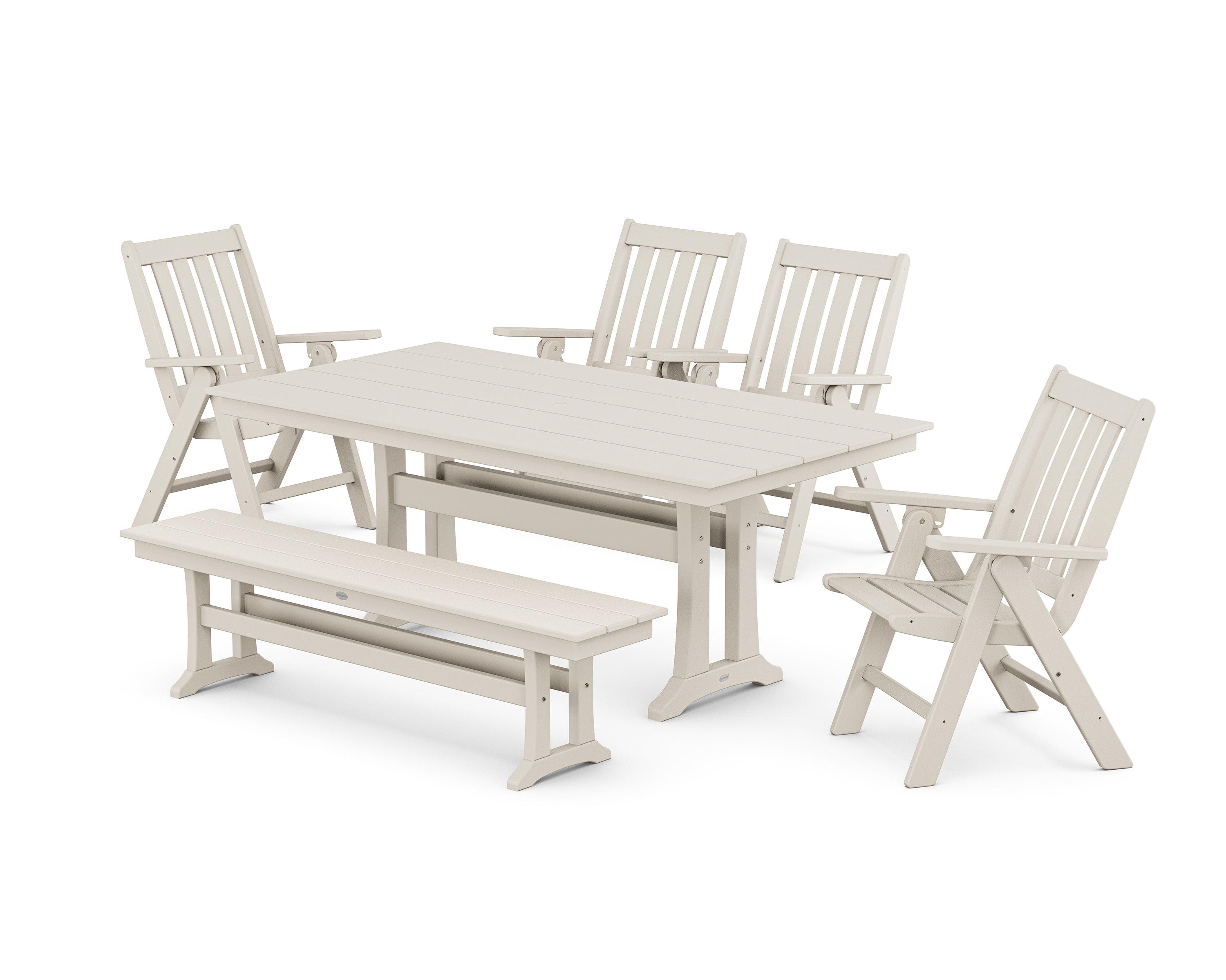 POLYWOOD® Vineyard 6-Piece Folding Chair Farmhouse Dining Set with Trestle Legs and Bench in Sand