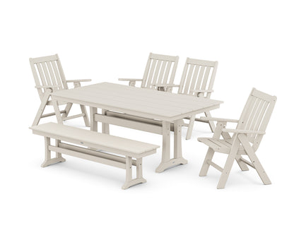 POLYWOOD® Vineyard 6-Piece Folding Chair Farmhouse Dining Set with Trestle Legs and Bench in Sand