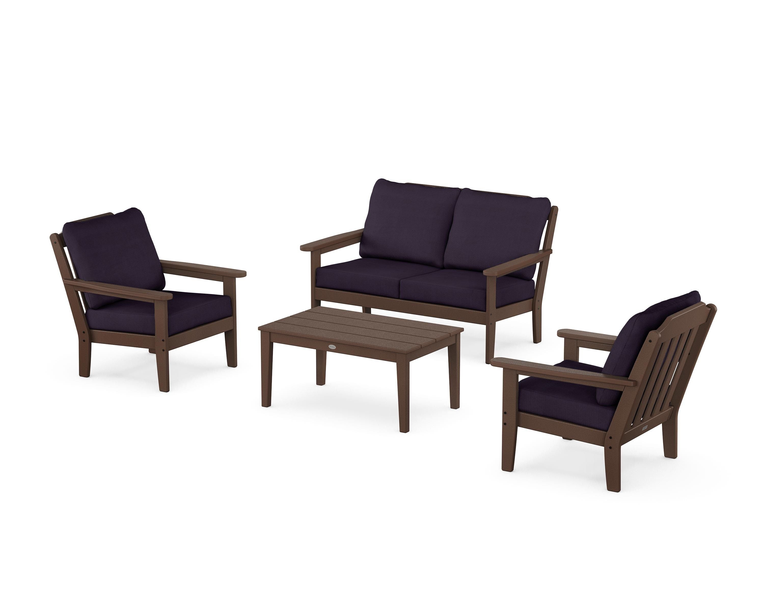 Country Living Cottage 4-Piece Deep Seating Set with Loveseat in Mahogany / Navy Linen