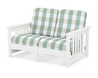 POLYWOOD® Club Mission Loveseat in White / Buffalo Plaid Glacier Spa