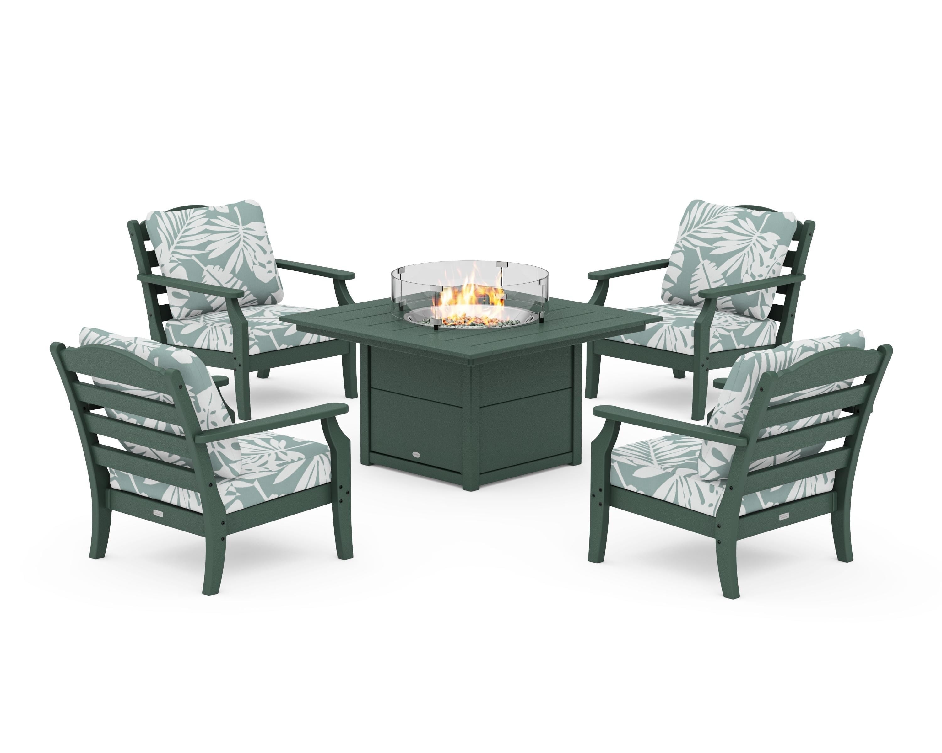 Draper James™ by  POLYWOOD® Savannah 5-Piece Deep Seating Set with Fire Pit Table in Green / Leaf Glacier Spa