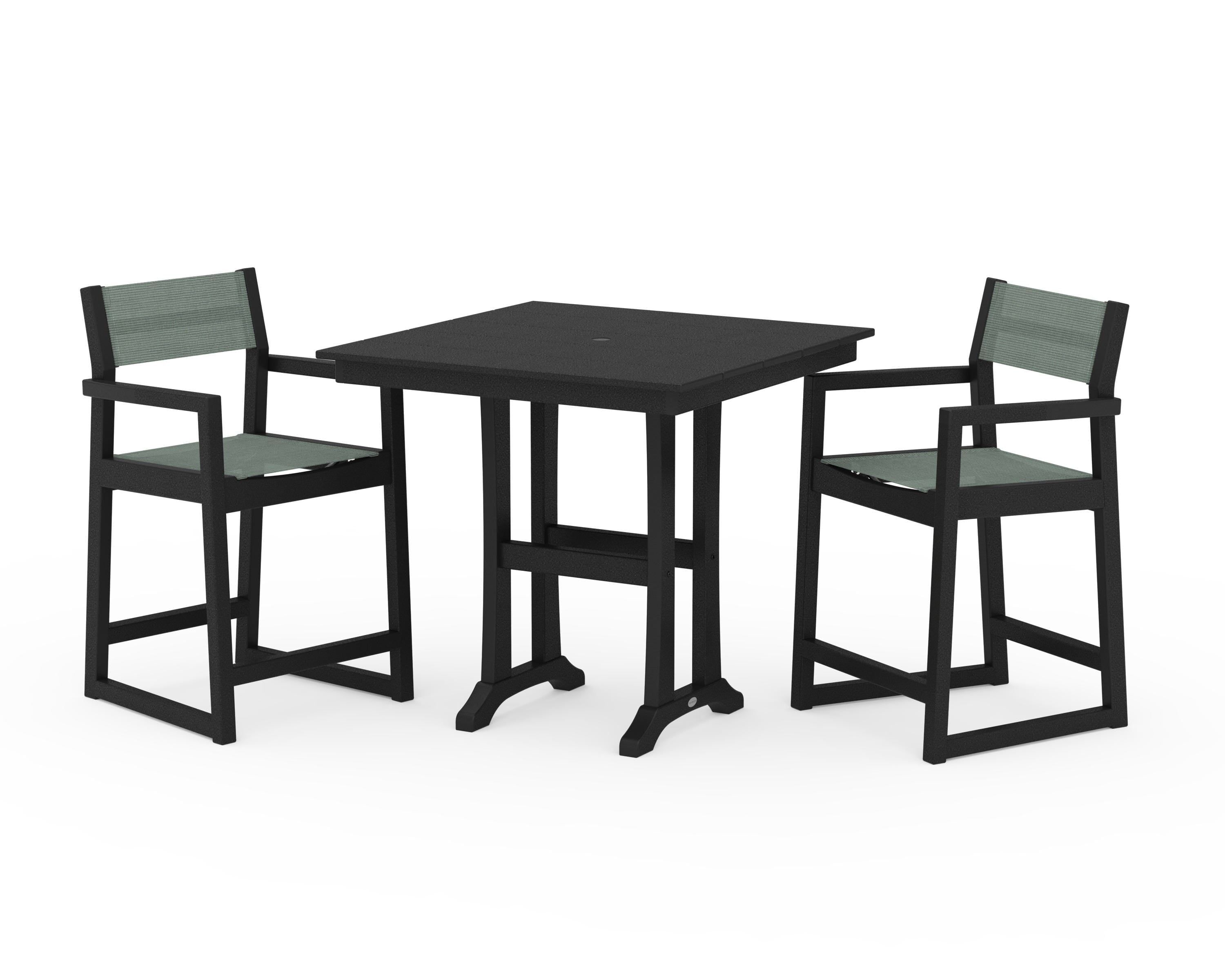 POLYWOOD® EDGE Sling Arm Chair 3-Piece Farmhouse Counter Set with Trestle Legs in Black / Dupioni Sea Mist Sling