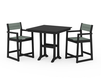 POLYWOOD® EDGE Sling Arm Chair 3-Piece Farmhouse Counter Set with Trestle Legs in Black / Dupioni Sea Mist Sling