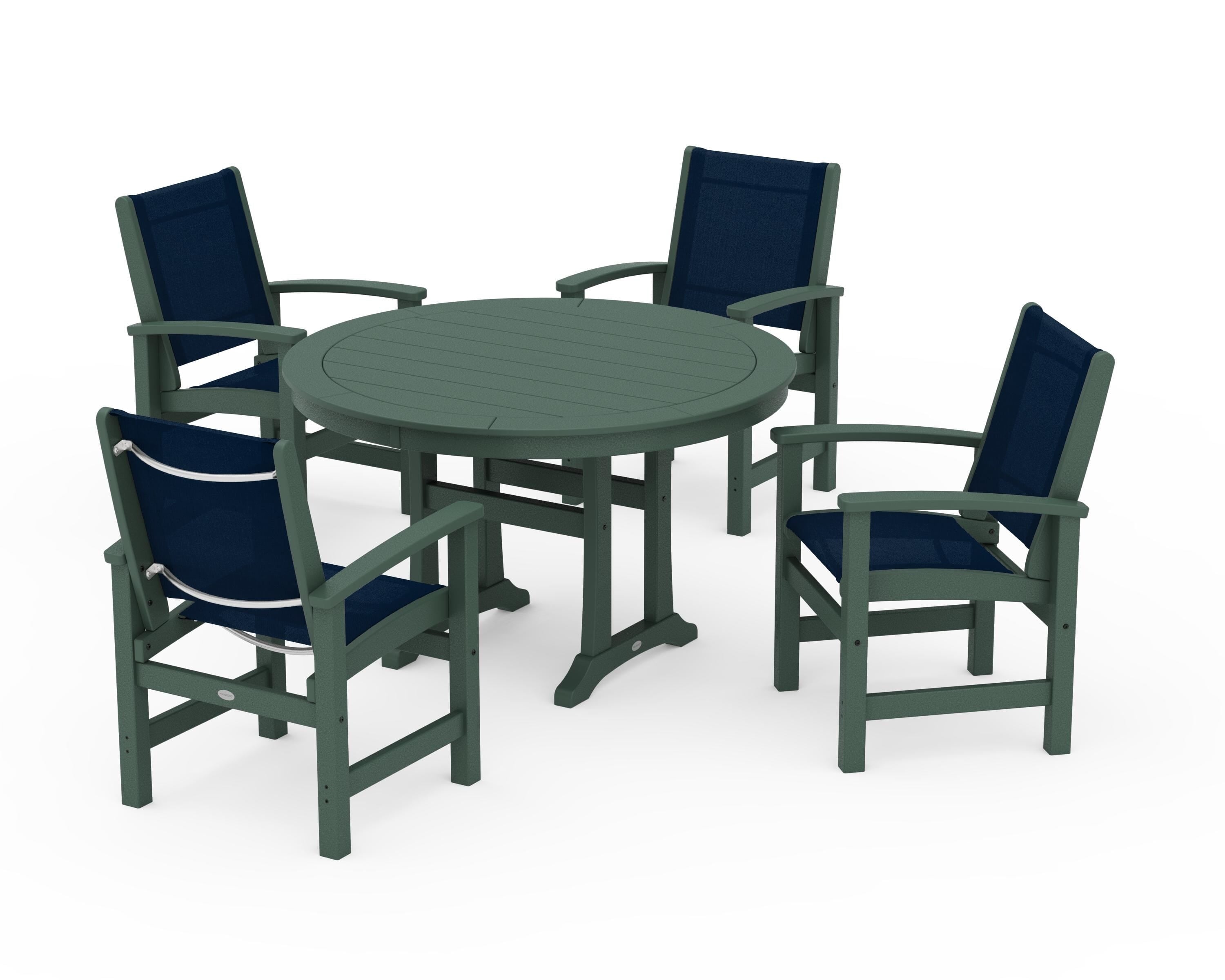 POLYWOOD® Coastal 5-Piece Round Dining Set with Trestle Legs in Green / Navy Blue Sling