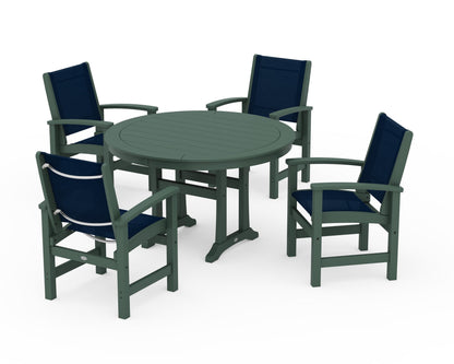 POLYWOOD® Coastal 5-Piece Round Dining Set with Trestle Legs in Green / Navy Blue Sling