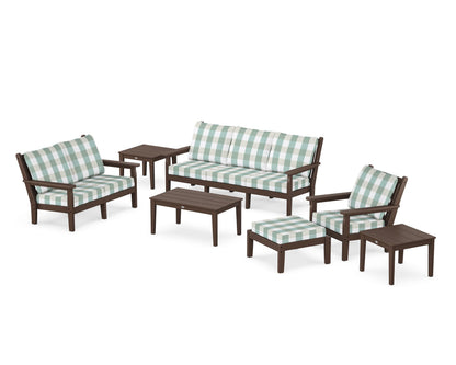 POLYWOOD® Chippendale 7-Piece Deep Seating Set in Mahogany / Buffalo Plaid Glacier Spa