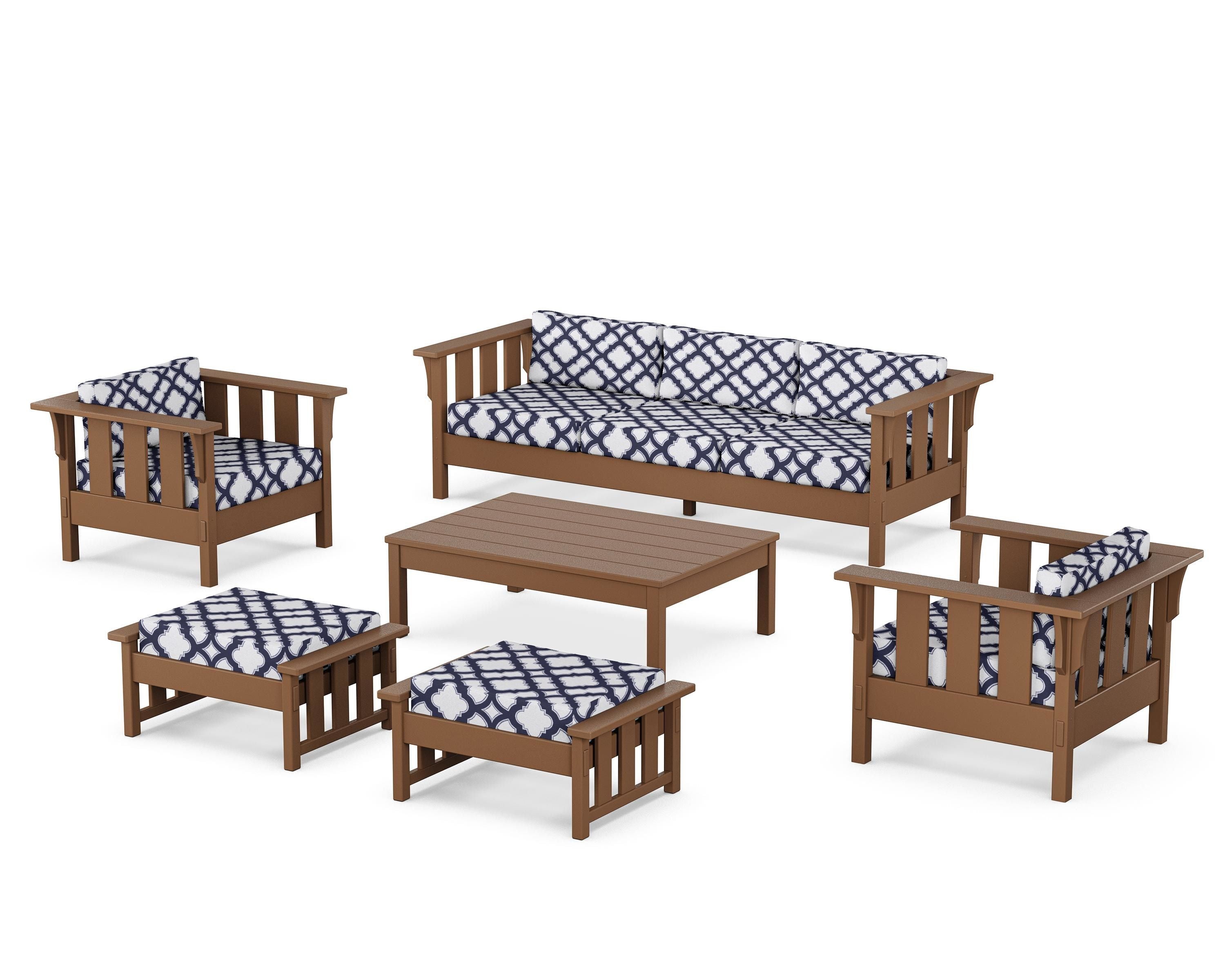 Martha Stewart by POLYWOOD® Acadia 6-Piece Lounge Sofa Set in Teak / Trellis Navy