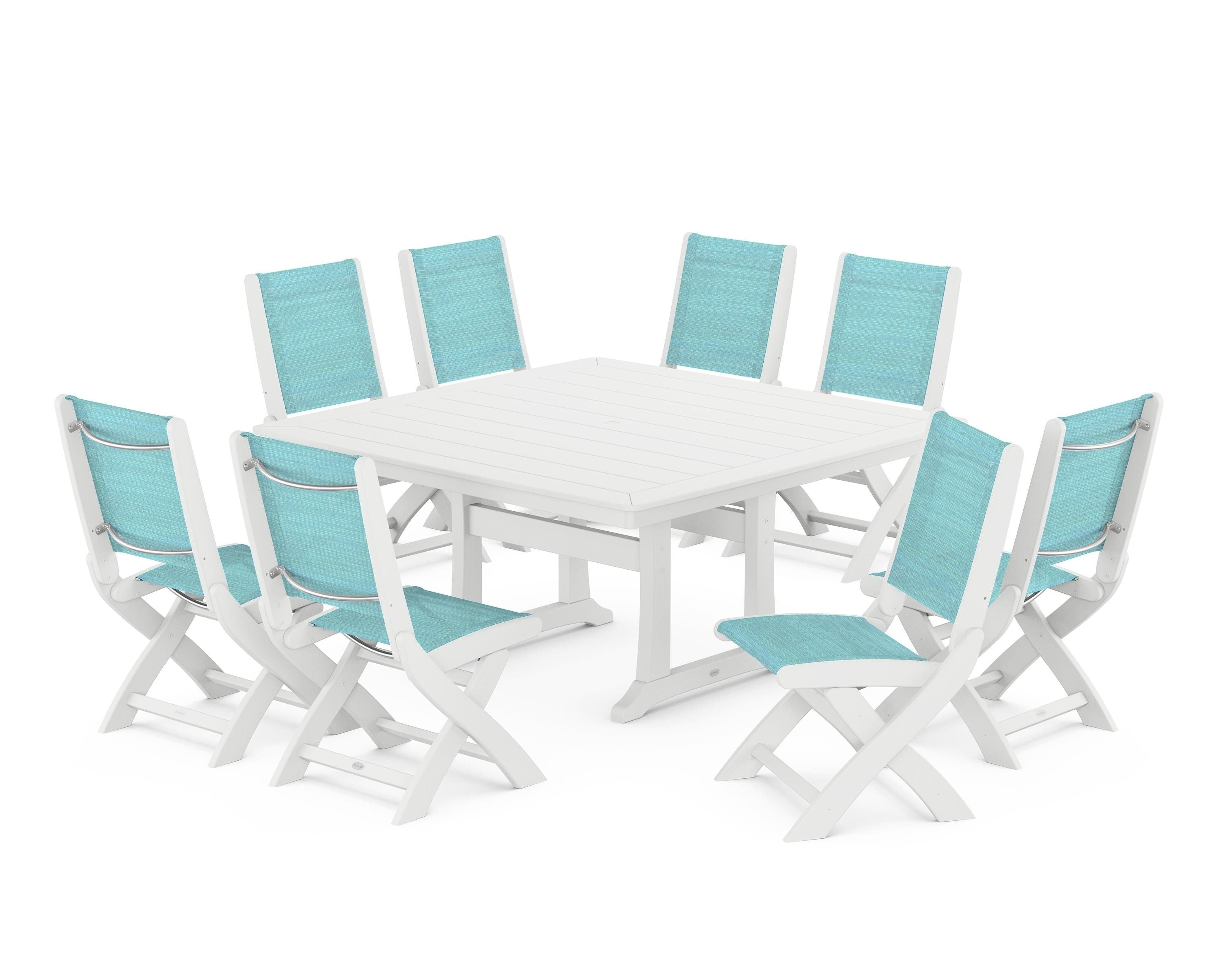 POLYWOOD® Coastal Folding Side Chair 9-Piece Dining Set with Trestle Legs in White / Dupioni Aquamarine Sling