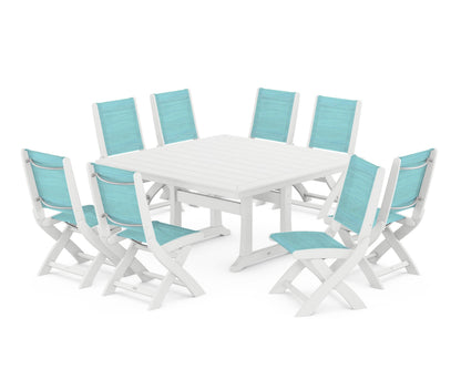 POLYWOOD® Coastal Folding Side Chair 9-Piece Dining Set with Trestle Legs in White / Dupioni Aquamarine Sling