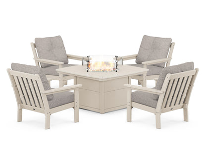 POLYWOOD® Vineyard 5-Piece Conversation Set with Fire Pit Table in Sand / Weathered Tweed