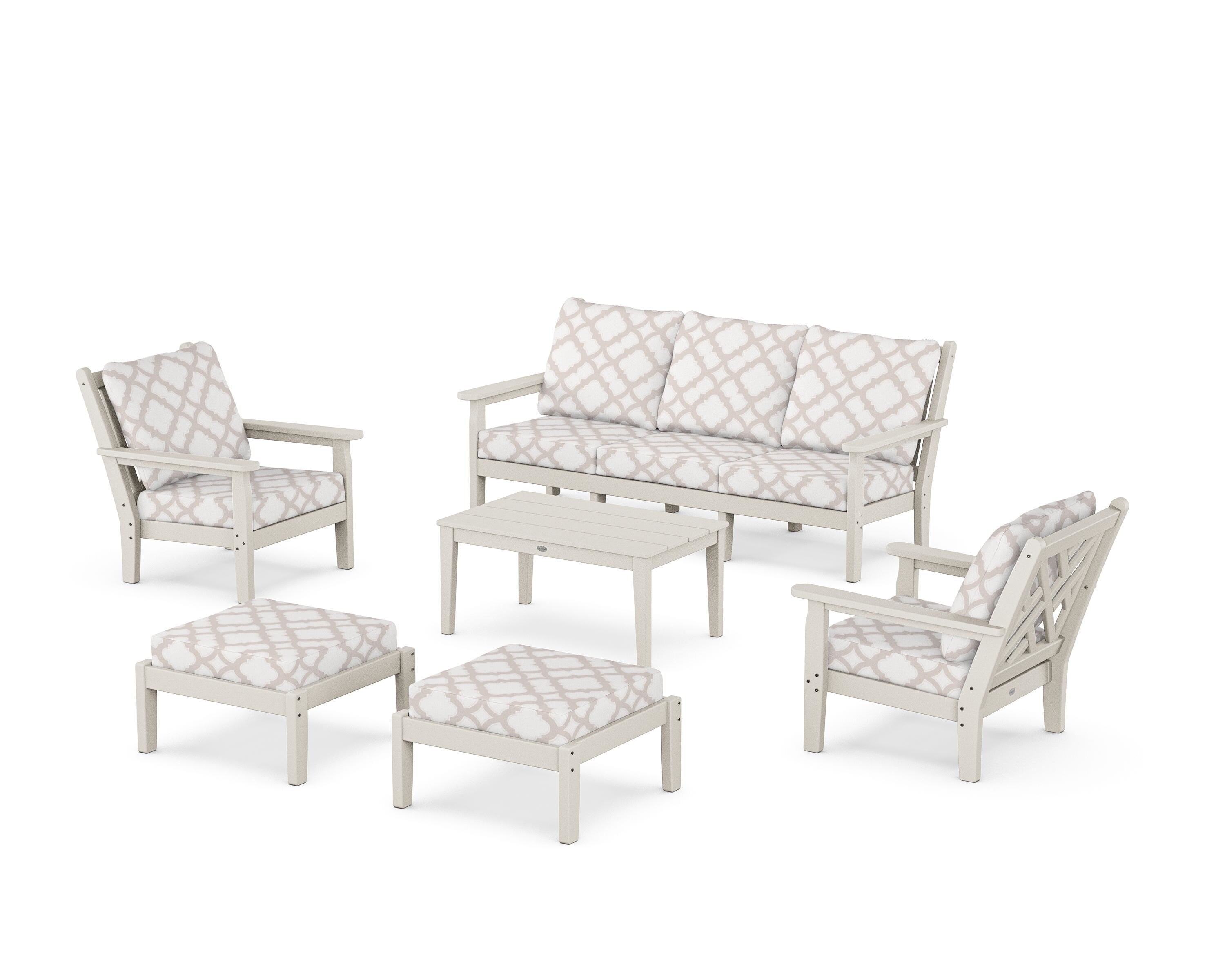 POLYWOOD® Chippendale 6-Piece Lounge Sofa Set in Sand / Trellis Dune Burlap