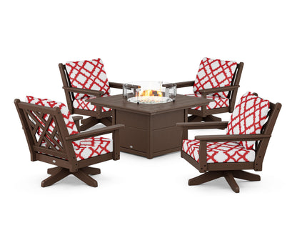 POLYWOOD® Chippendale 5-Piece Deep Seating Swivel Conversation Set with Fire Pit Table in Mahogany / Trellis Crimson