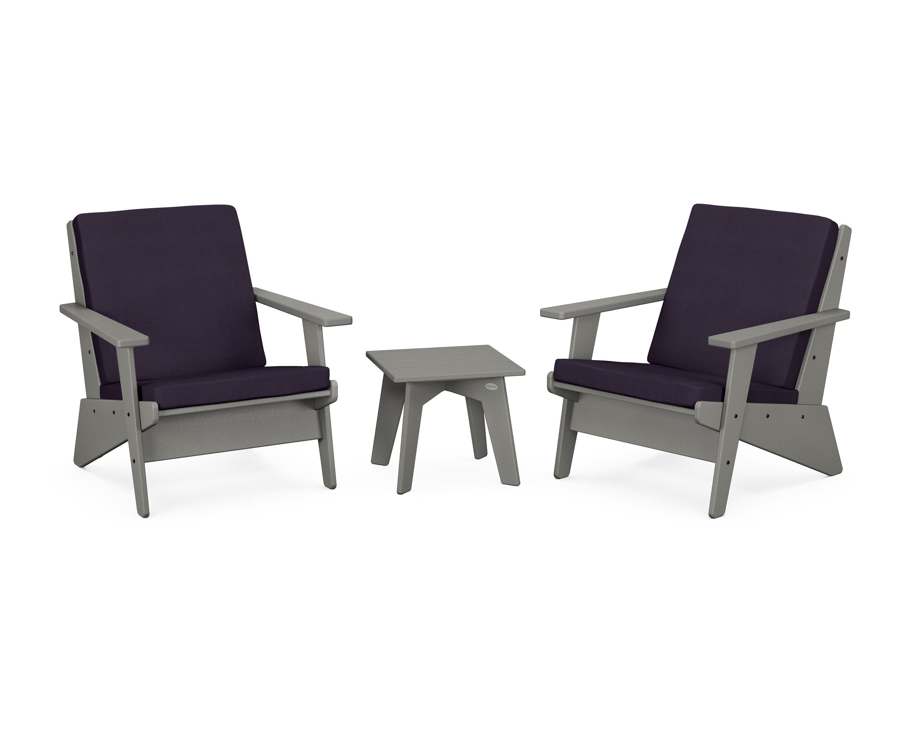 POLYWOOD® Riviera Modern Lounge 3-Piece Set in Slate Grey / Navy Linen