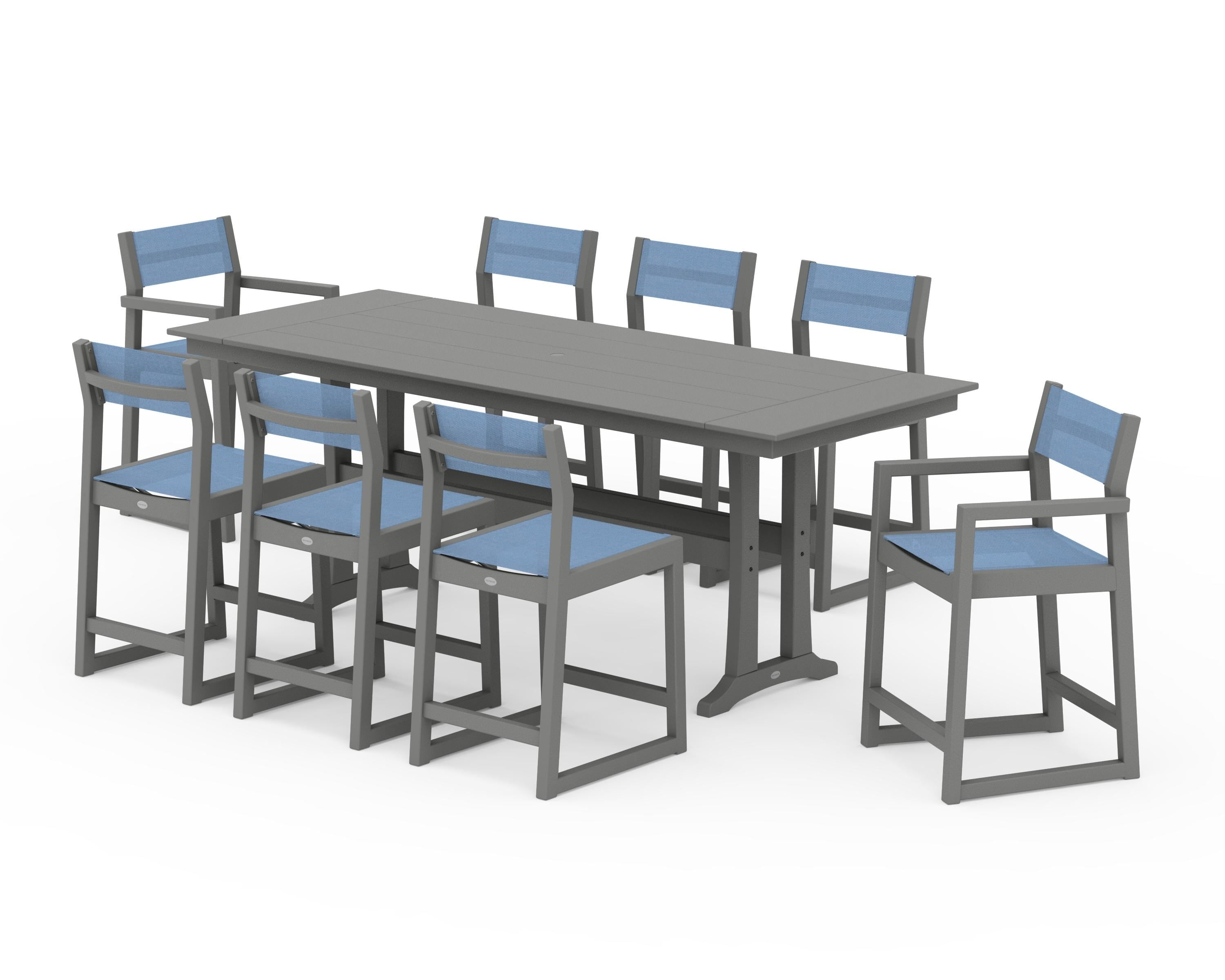 POLYWOOD® EDGE Sling 9-Piece Farmhouse Counter Set with Trestle Legs in Slate Grey / Poolside Sling