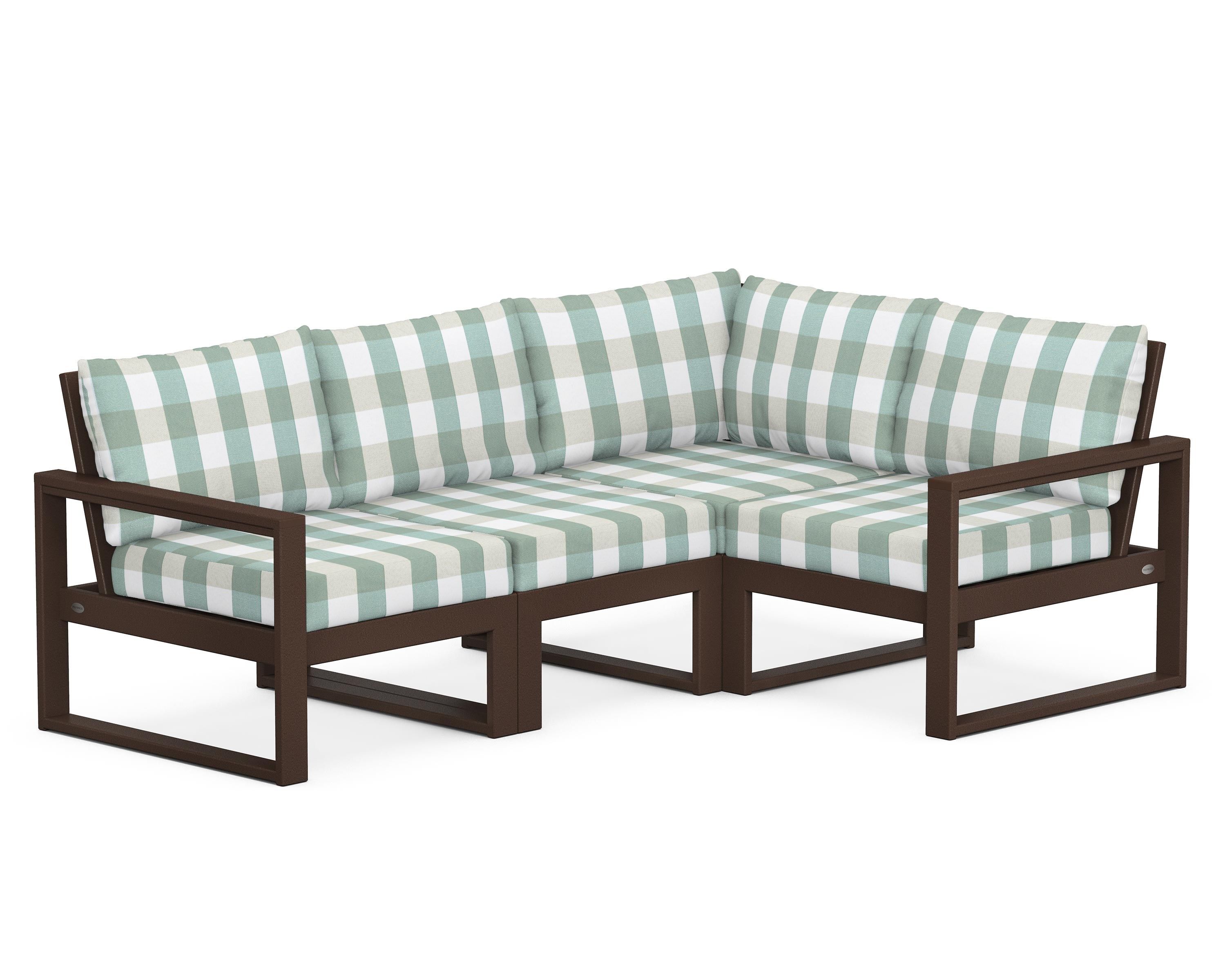 POLYWOOD® EDGE 4-Piece Modular Deep Seating Set in Mahogany / Buffalo Plaid Glacier Spa
