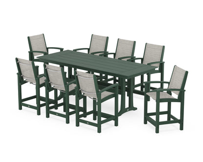 POLYWOOD® Coastal 9-Piece Farmhouse Counter Set with Trestle Legs in Green / Birch Sling