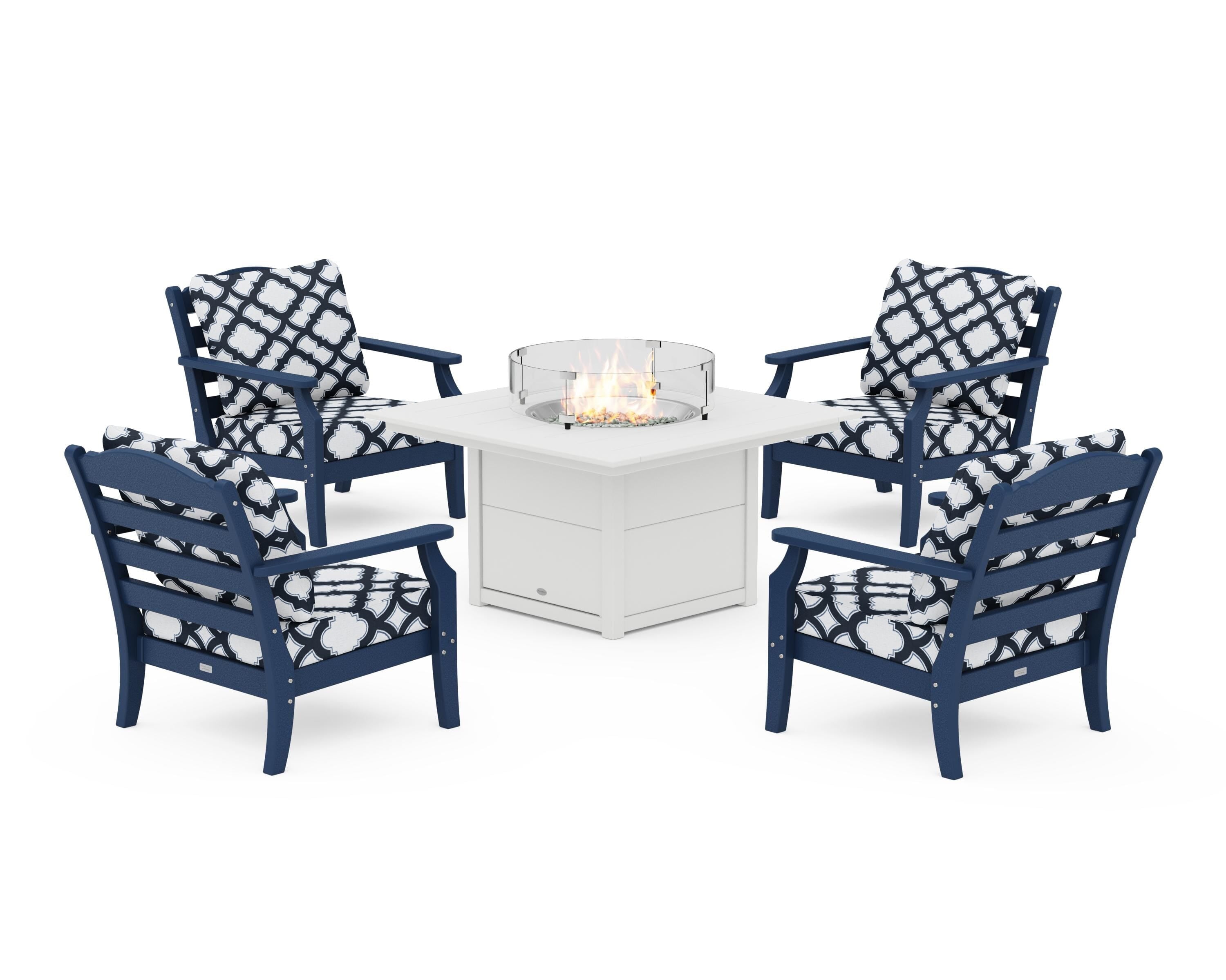 Draper James™ by  POLYWOOD® Savannah 5-Piece Deep Seating Set with Fire Pit Table in Navy / Trellis Marine Indigo