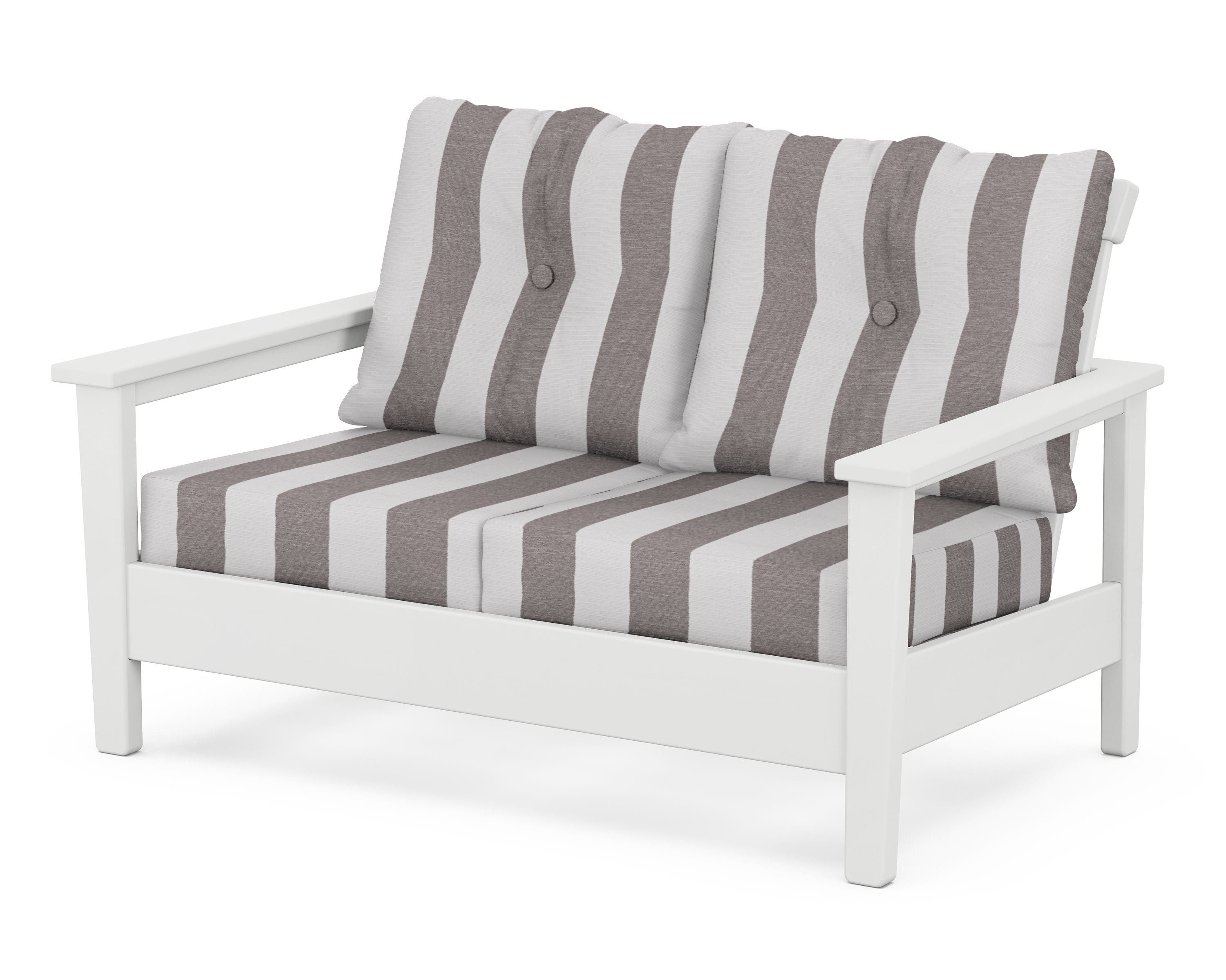 POLYWOOD® Prescott Deep Seating Loveseat in White / Cabana Stripe Grey Mist