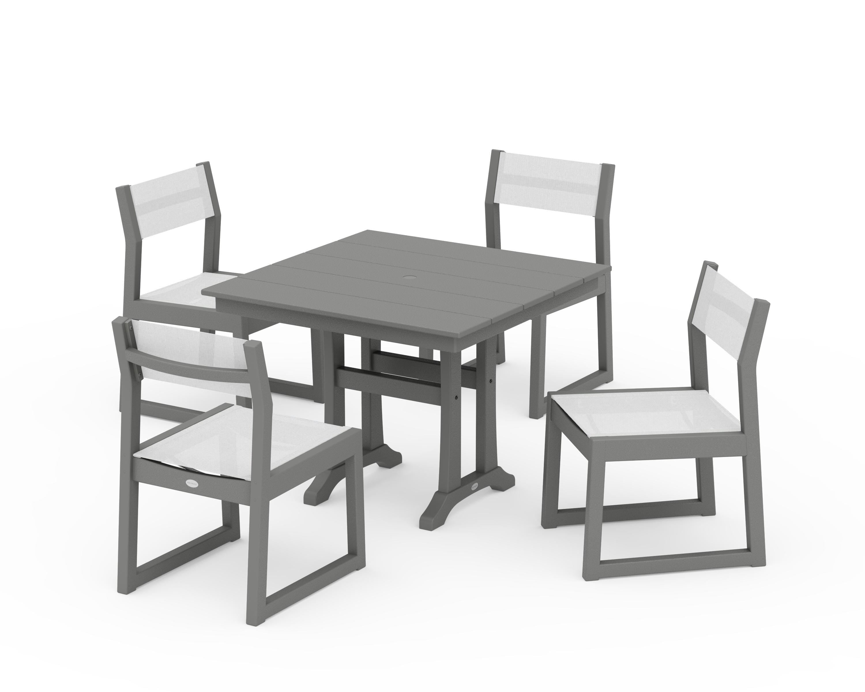 POLYWOOD® EDGE Sling 5-Piece Farmhouse Trestle Side Chair Dining Set in Slate Grey / White Sling