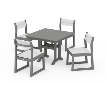 POLYWOOD® EDGE Sling 5-Piece Farmhouse Trestle Side Chair Dining Set in Slate Grey / White Sling