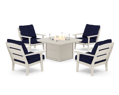 POLYWOOD® Lakeside 5-Piece Deep Seating Set with Nautical Fire Pit Table in Sand / Navy
