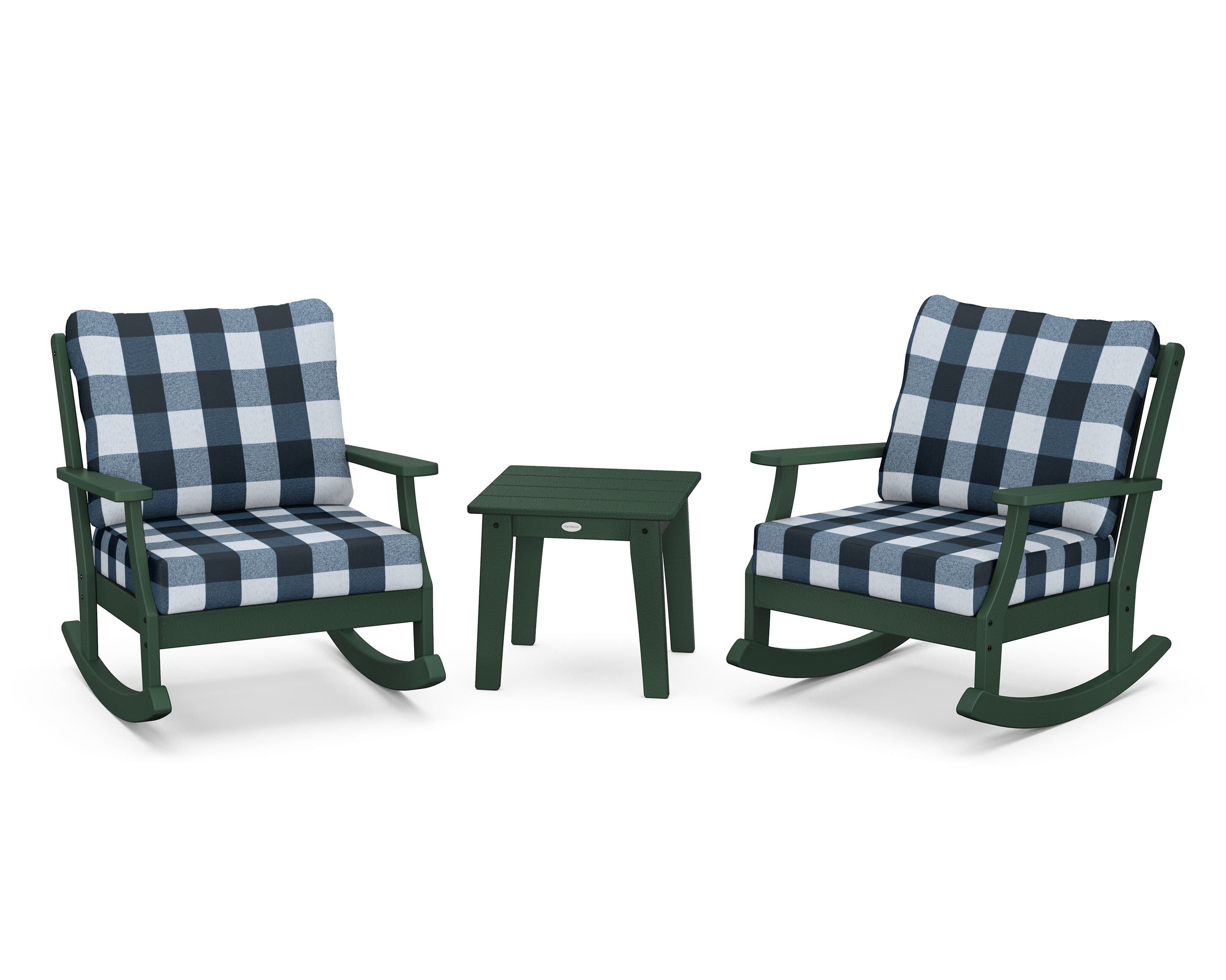 POLYWOOD® Braxton 3-Piece Deep Seating Rocker Set in Green / Buffalo Plaid Marine Indigo