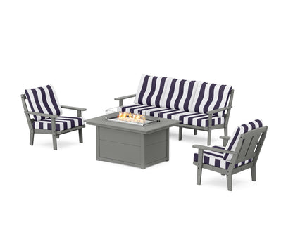 POLYWOOD® Mission Deep Seating Fire Pit Table Set in Slate Grey / Cabana Stripe Navy