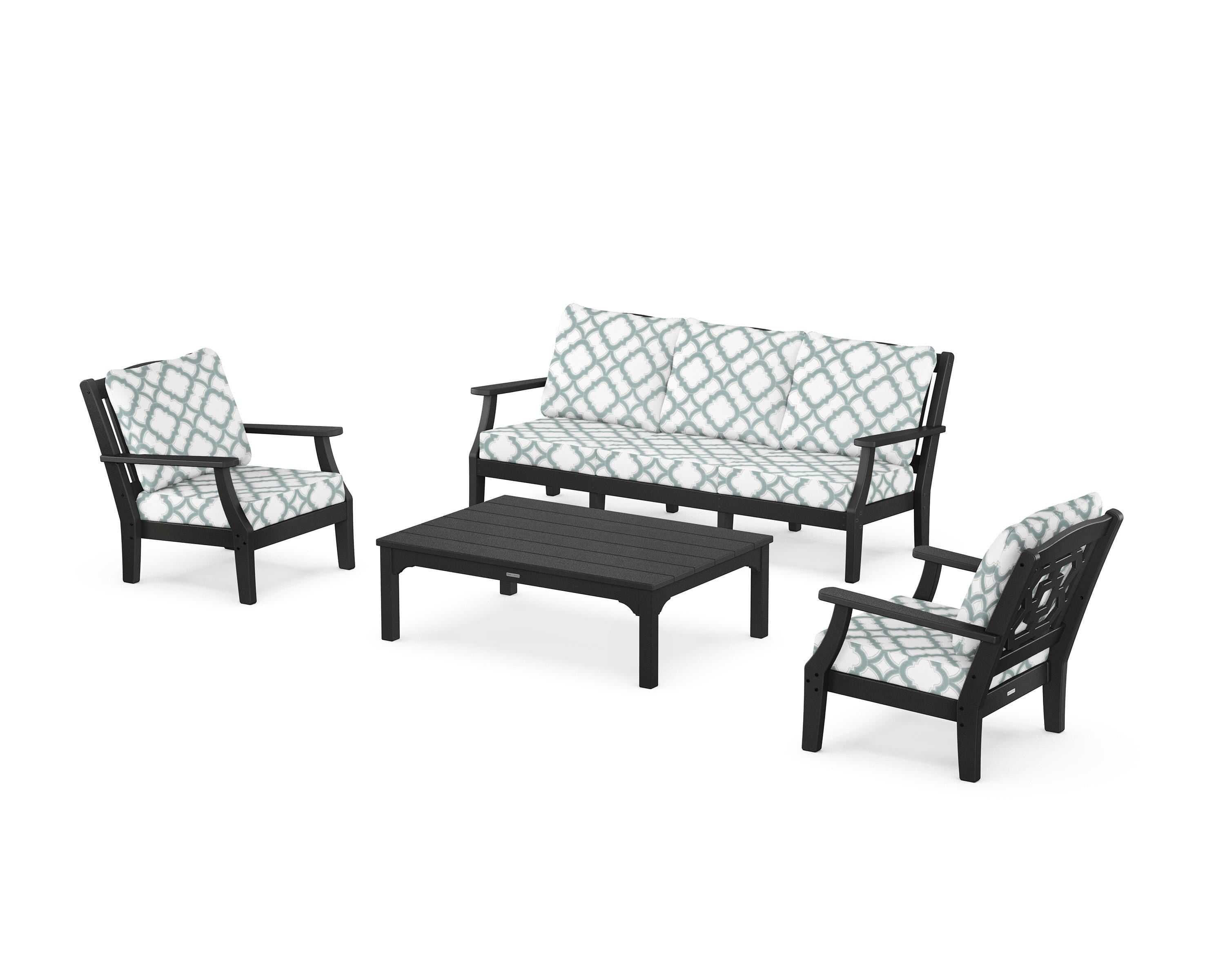 Martha Stewart by POLYWOOD® Chinoiserie 4-Piece Deep Seating Set with Sofa in Black / Trellis Glacier Spa