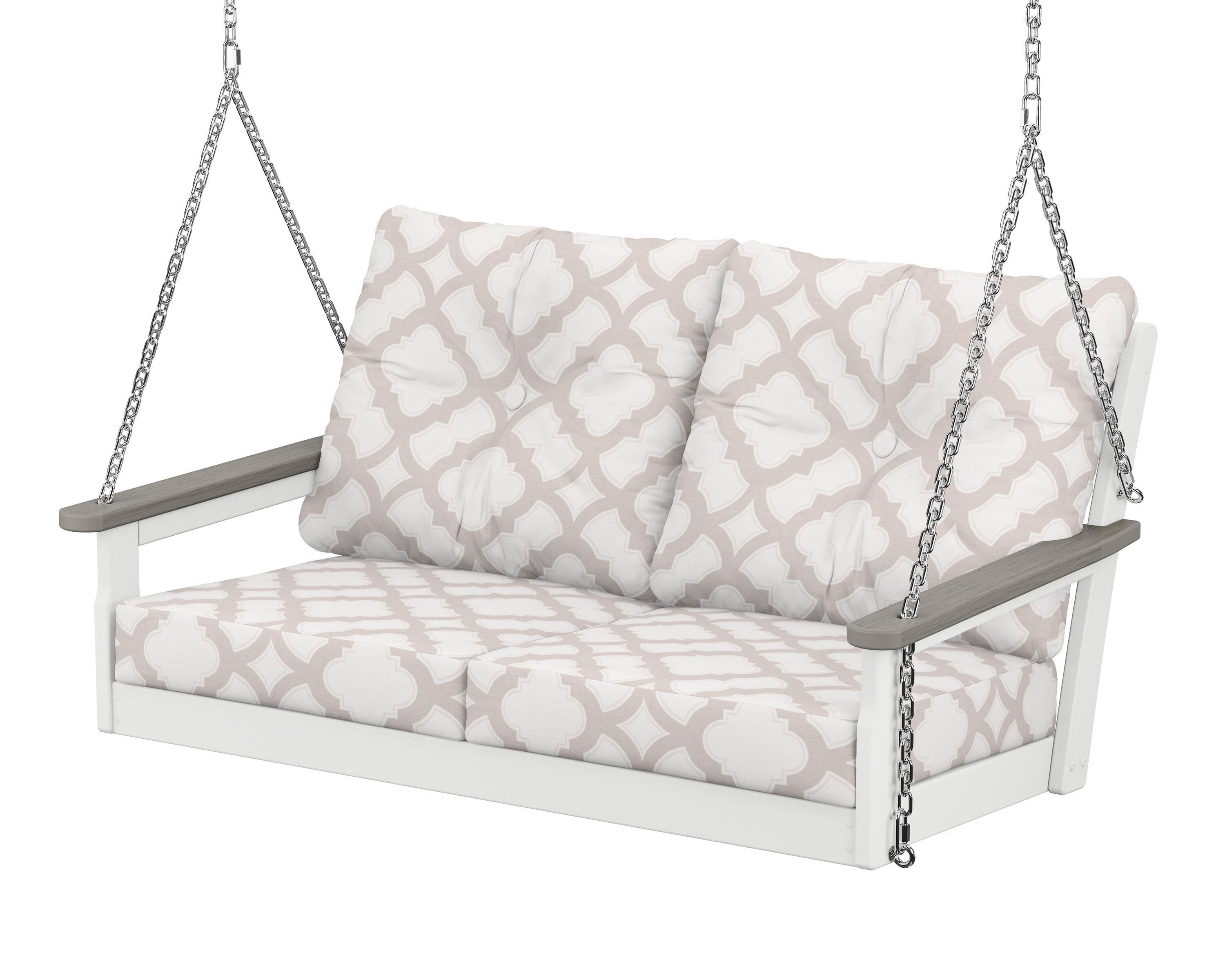 POLYWOOD® Vineyard Deep Seating Swing in White / Driftwood / Trellis Dune Burlap