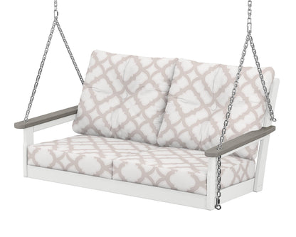 POLYWOOD® Vineyard Deep Seating Swing in White / Driftwood / Trellis Dune Burlap