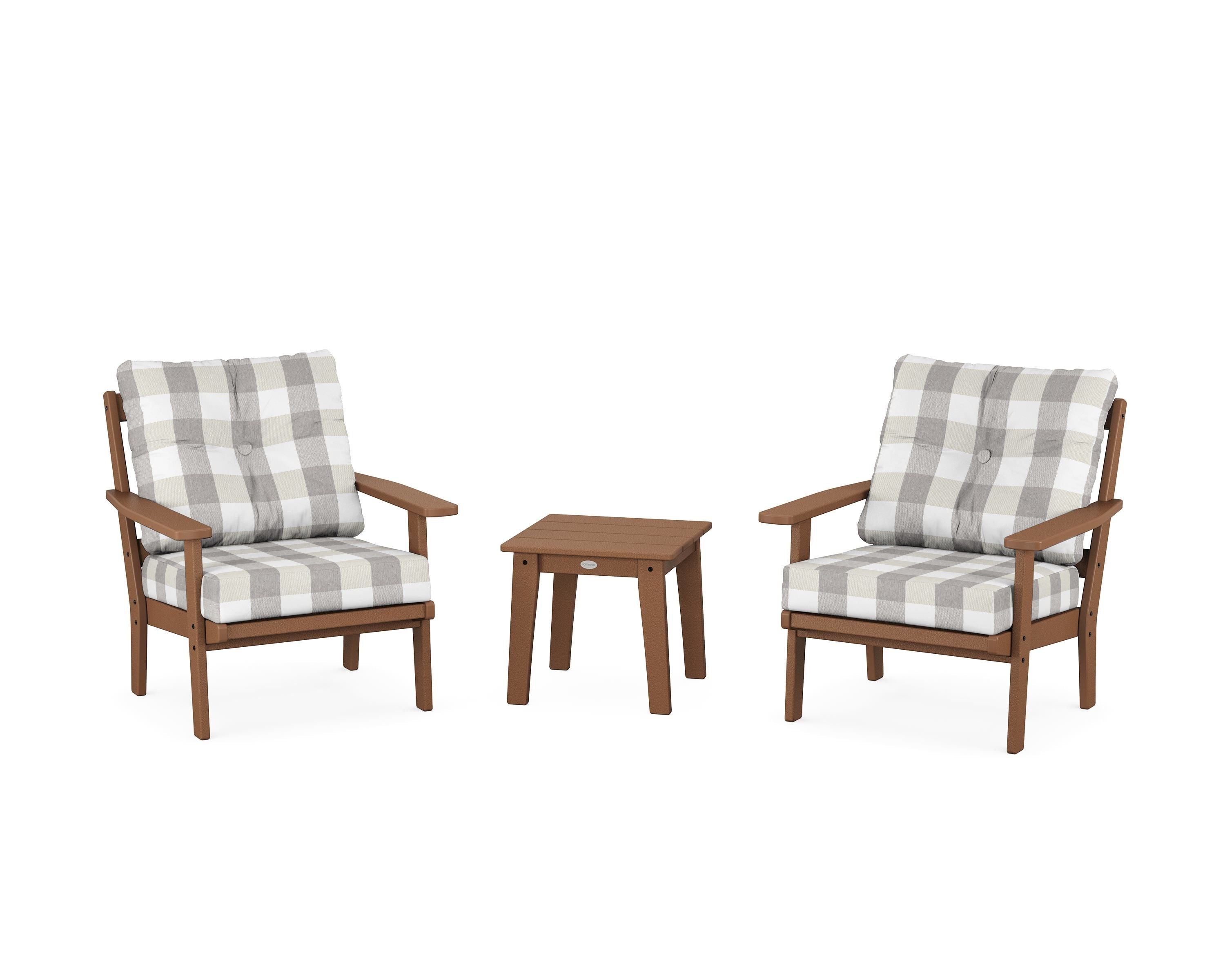 POLYWOOD® Oxford 3-Piece Deep Seating Set in Teak / Buffalo Plaid Grey Mist