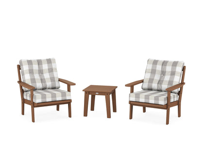 POLYWOOD® Oxford 3-Piece Deep Seating Set in Teak / Buffalo Plaid Grey Mist